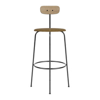 Wooden bar stool with a light brown seat and backrest, contrasted by sleek black metal legs. Modern minimalist design.