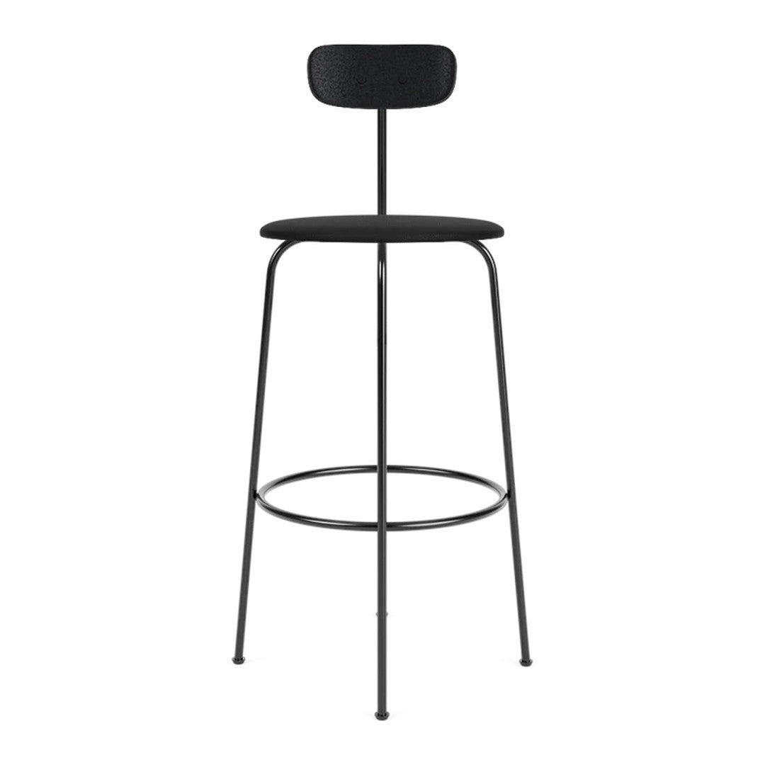 "Minimalist black bar stool with sleek lines and a smooth finish, featuring a simple, solid pattern."