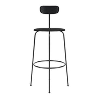 "Minimalist black bar stool with sleek lines and a smooth finish, featuring a simple, solid pattern."
