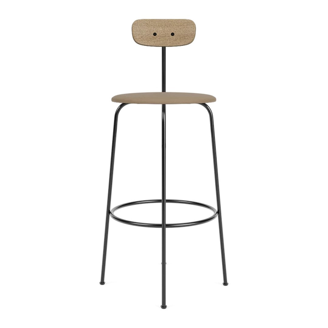 Modern bar stool featuring a natural wood seat and backrest atop a sleek black metal frame. Simple, minimalist design.