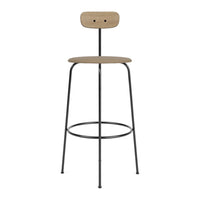 Modern bar stool featuring a natural wood seat and backrest atop a sleek black metal frame. Simple, minimalist design.