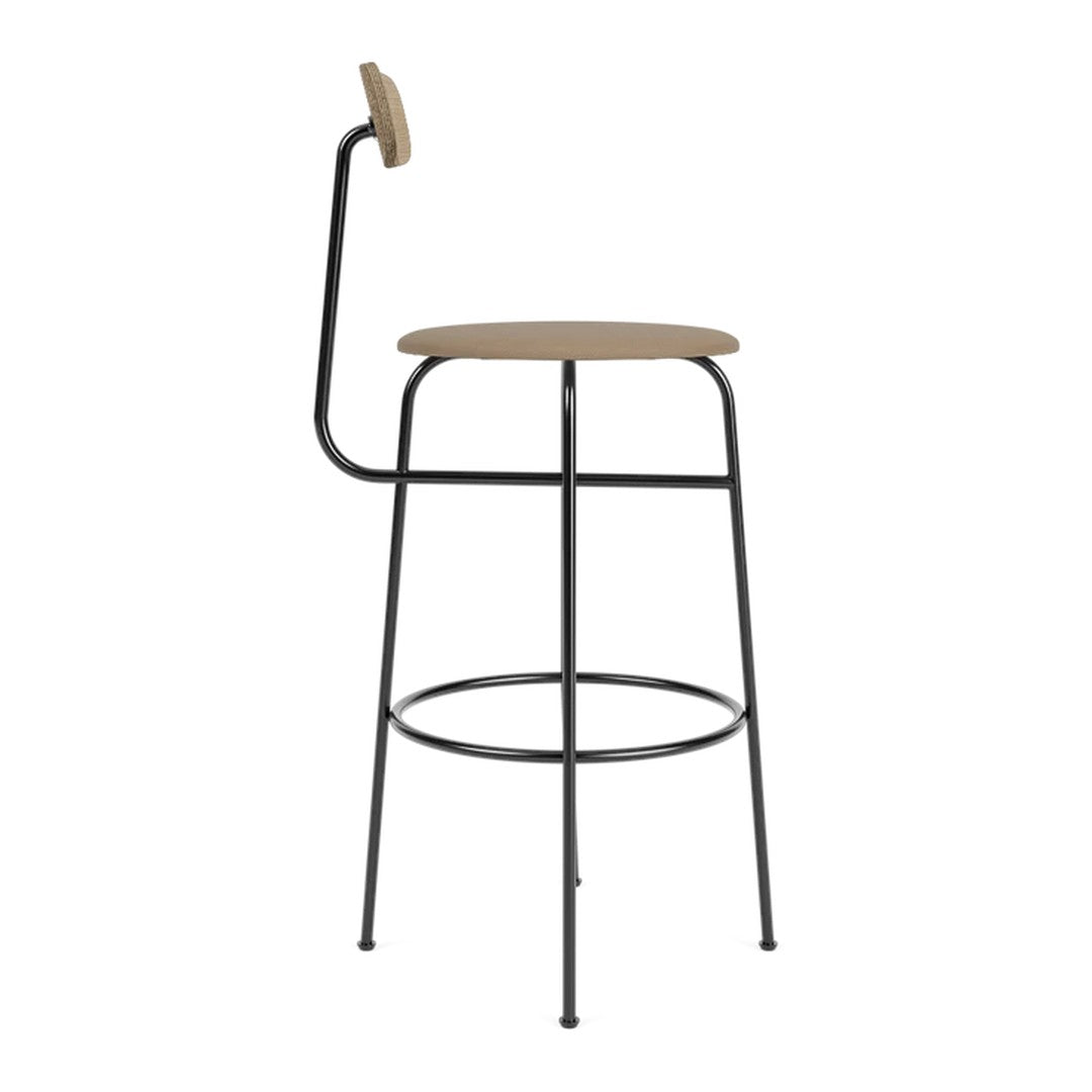Modern black metal bar stool with a natural wood seat and minimalist design. Perfect for contemporary spaces.