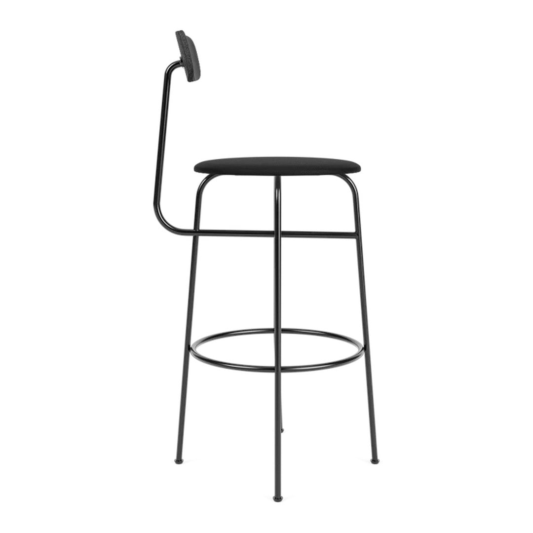 Black metal bar stool with a minimalist design and smooth cylindrical seat, showcasing modern elegance.