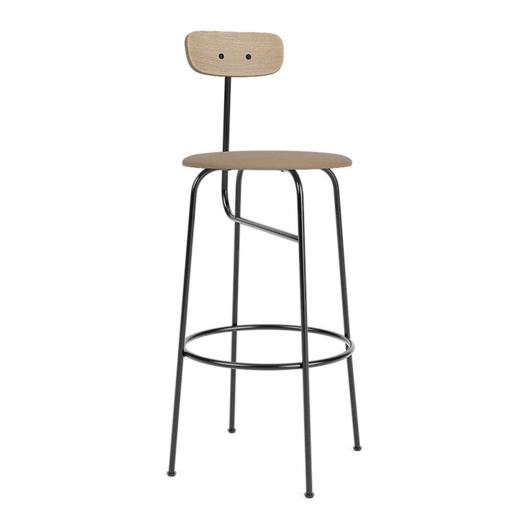Wooden bar stool with a natural finish and sleek black metal legs, featuring a minimalist design for modern interiors.