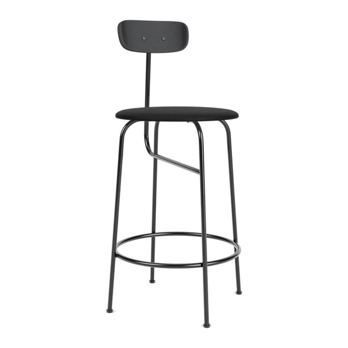 Black metal bar stool with a minimalist design and smooth seat, ideal for modern decor.