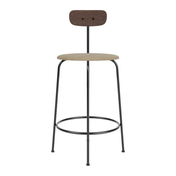 Modern bar stool in natural wood and dark brown accents with a sleek black metal frame. Minimalist design for any space.