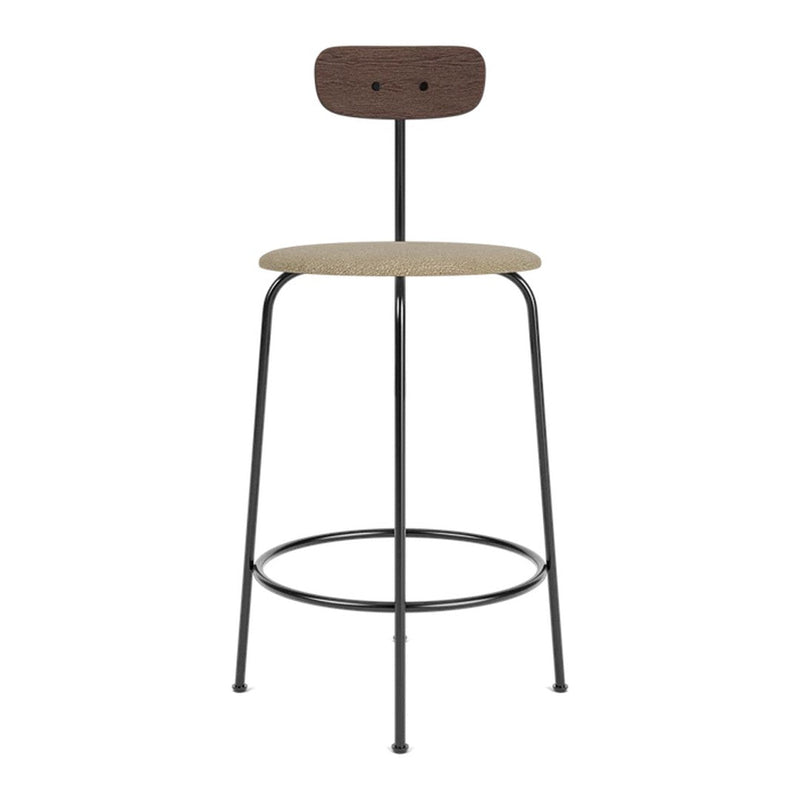 Modern bar stool in natural wood and dark brown accents with a sleek black metal frame. Minimalist design for any space.