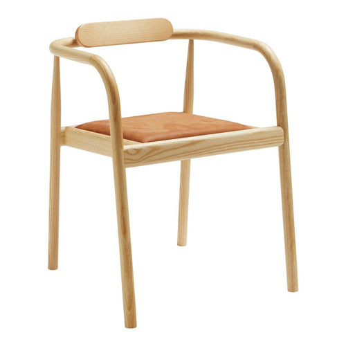 Natural wood frame with a smooth finish and a soft, orange cushioned seat for a modern aesthetic.