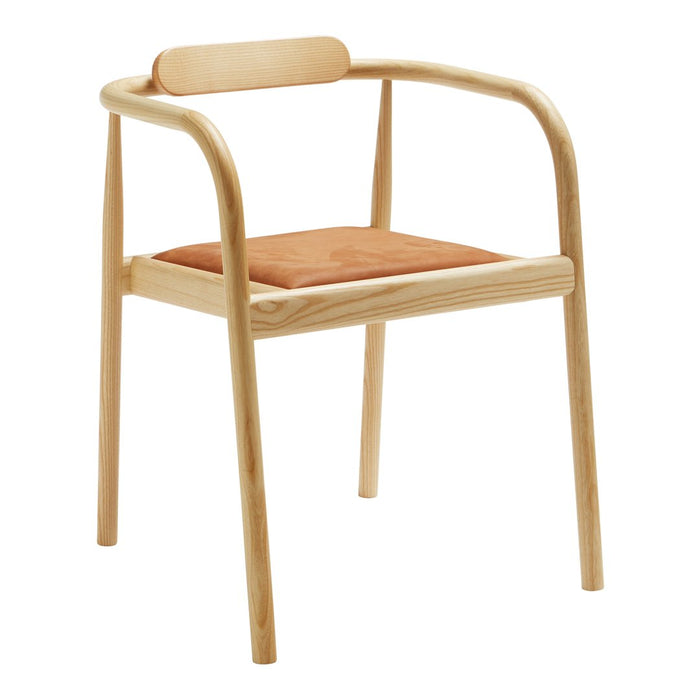 Natural wood frame with a smooth finish and a soft, orange cushioned seat for a modern aesthetic.