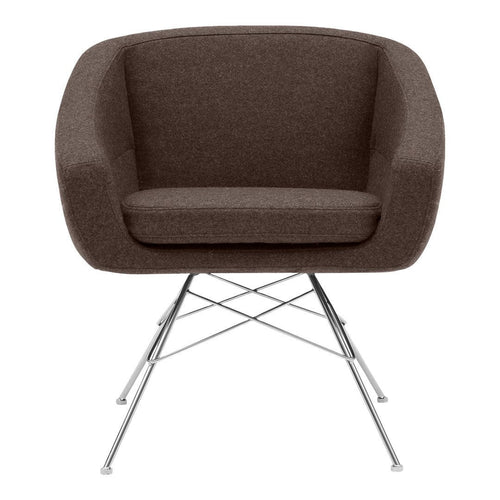Cozy brown upholstered chair with sleek chrome legs and a minimalist design, perfect for modern decor.