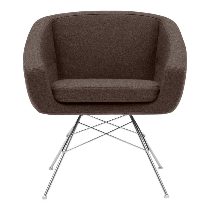 Cozy brown upholstered chair with sleek chrome legs and a minimalist design, perfect for modern decor.