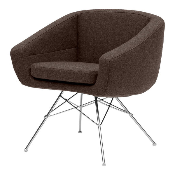 Brown upholstered chair with a smooth texture and chrome base, featuring a modern, rounded design.