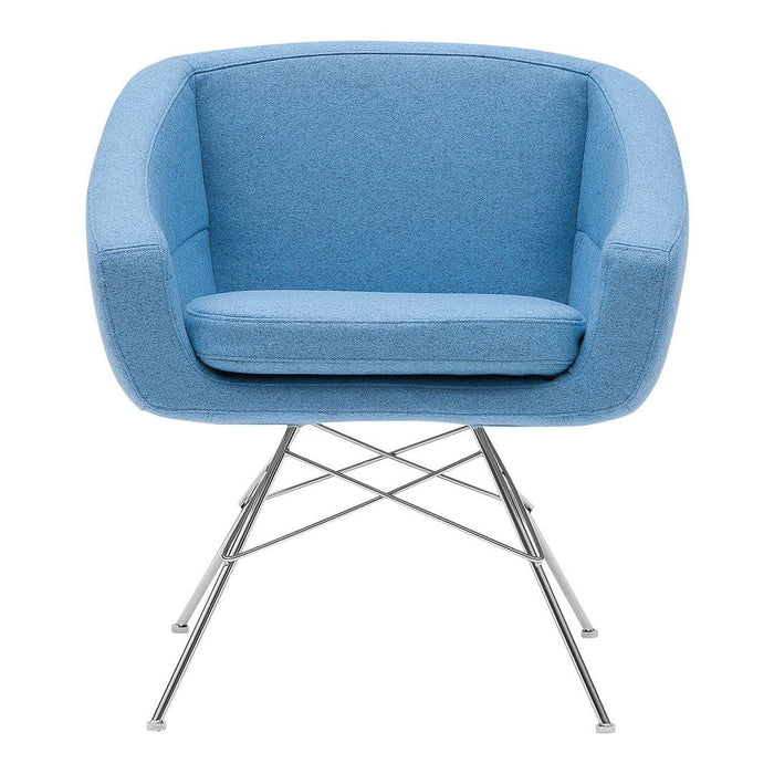 Light blue modern armchair with a smooth fabric finish and sleek chrome legs, perfect for contemporary decor.