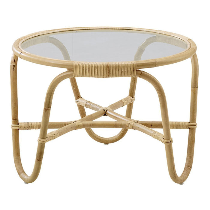 Natural wicker coffee table with a round glass top and elegant woven design. Ideal for modern, boho decor.