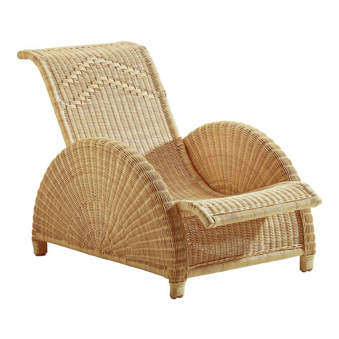 "Light beige wicker lounge chair with curved lines and a textured pattern, perfect for modern decor."