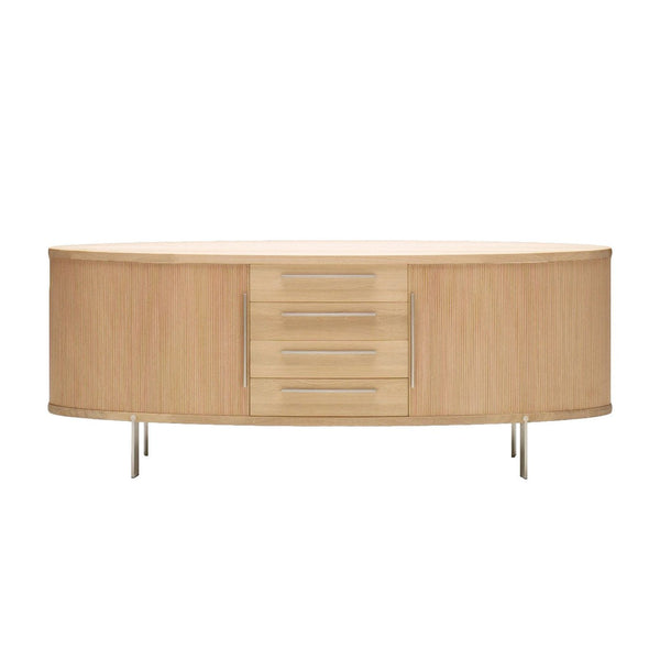 Light wood grain sideboard with smooth metallic accents and sleek, curved design. Perfect for modern decor.