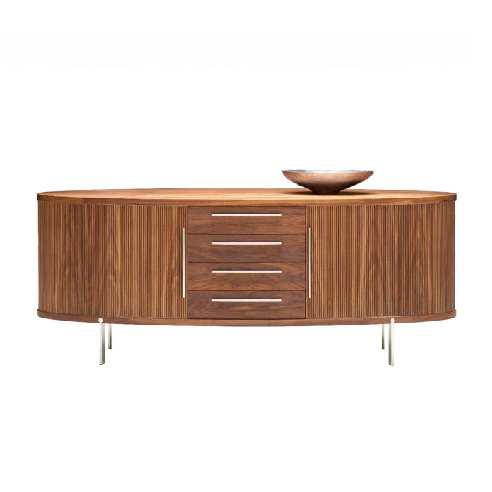 Modern oval wood sideboard in rich walnut finish, featuring sleek metal accents and minimalist design.