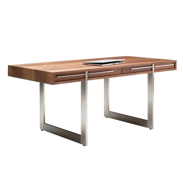 Modern wooden desk with a warm walnut finish and sleek stainless steel legs, showcasing smooth, minimalist design.
