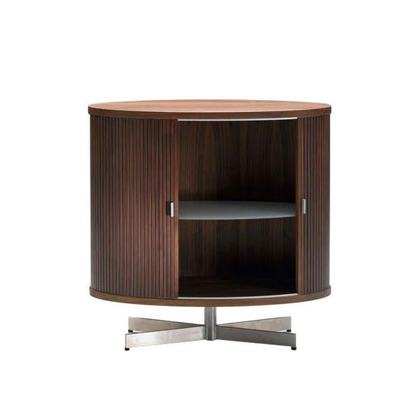 Round wooden cabinet with a rich walnut finish and vertical striped pattern, featuring a sleek stainless steel base.