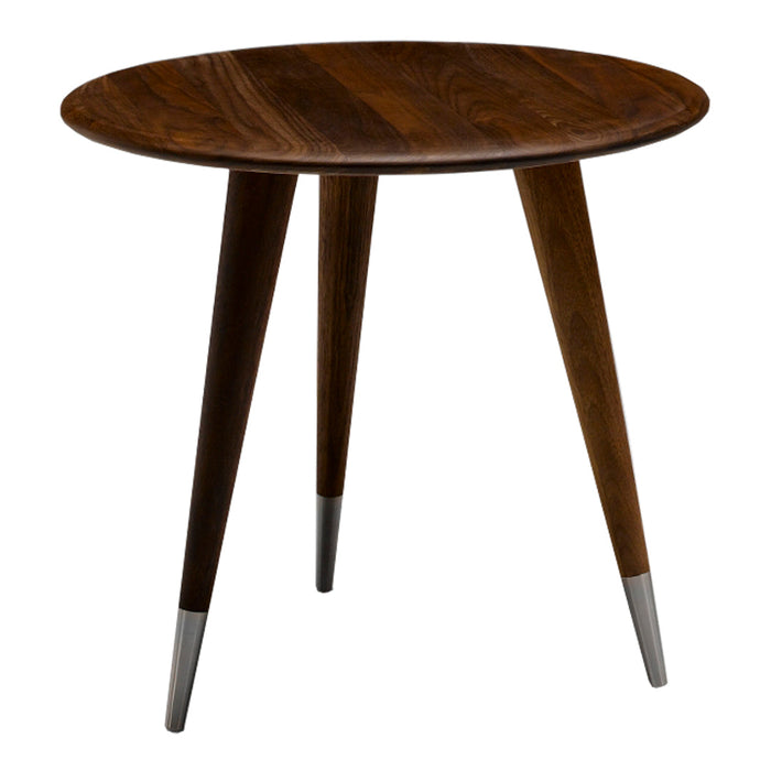 Round wooden side table with dark walnut finish and sleek silver tapered legs. Stylish and modern design for any space.