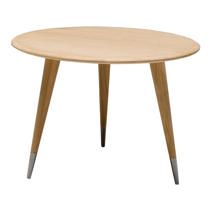 Round wooden table with light natural oak finish and tapered legs, featuring silver accents. Modern and minimalist design.