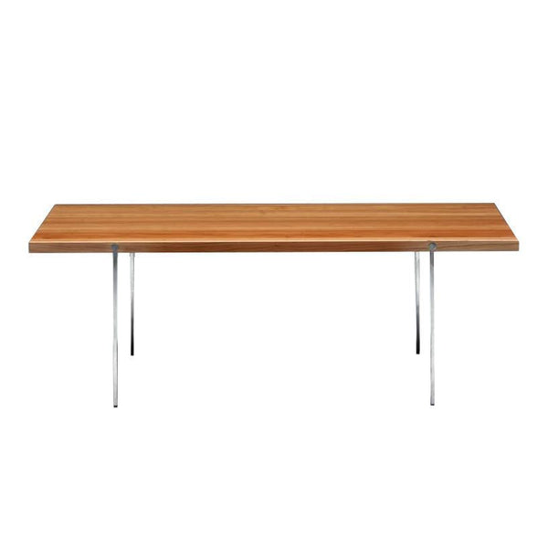 Natural wood finish with a striped pattern, complemented by sleek chrome legs. Perfect for modern decor.