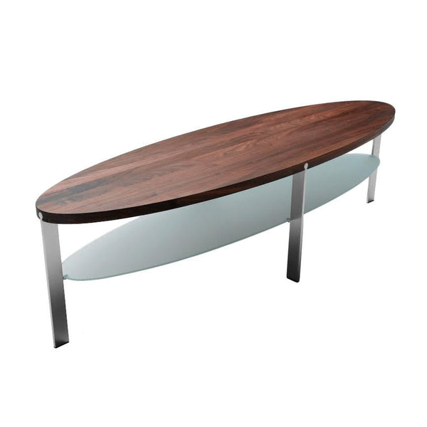 Oval wooden coffee table featuring a rich walnut finish, sleek glass shelf, and stainless steel legs. Modern and elegant design.