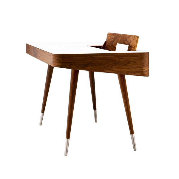 Mid-century modern desk featuring a sleek white top and warm walnut wood with silver accents on tapered legs.