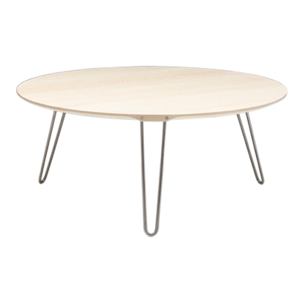 Light wood round coffee table with minimalist metal legs, featuring a smooth surface and sleek design.