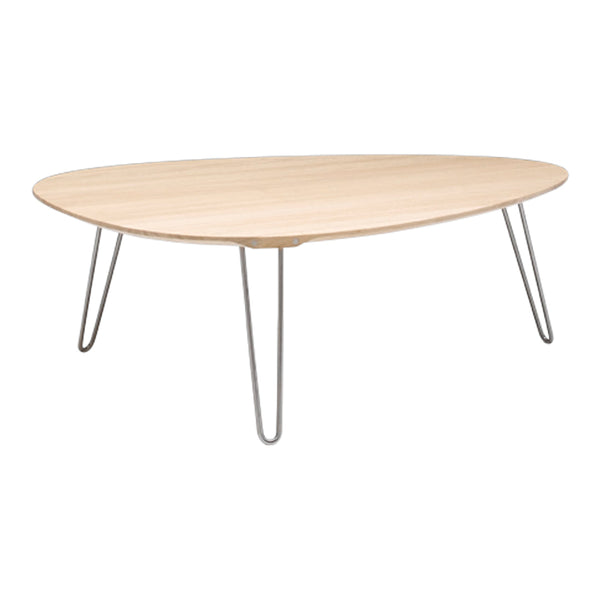 Light wooden oval coffee table with sleek metal legs, minimalist design, and smooth natural finish.