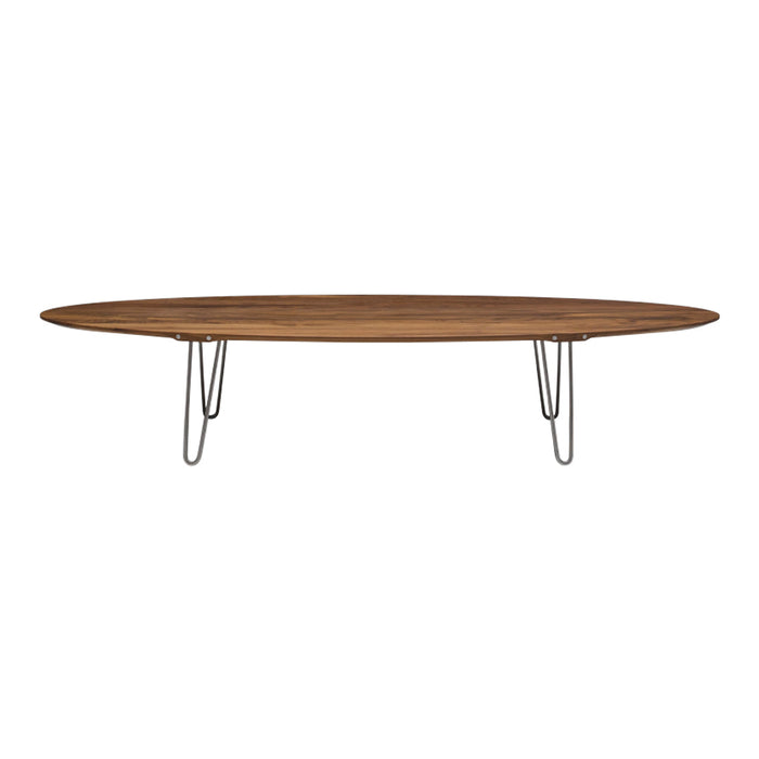 Oval wooden coffee table with a rich brown finish and minimalist metal legs. Stylish and modern design.