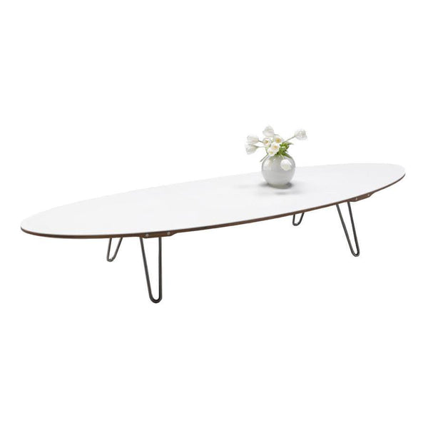 White oval coffee table with natural wood edges and sleek black metal legs, showcasing a minimalist design.