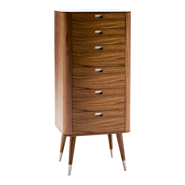 Wooden chest of drawers in rich walnut finish with a smooth, sleek design and subtle curved patterns.