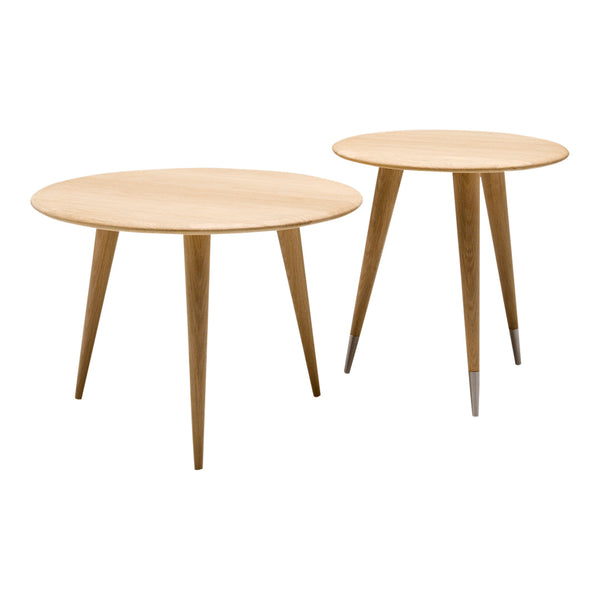 Light wood finish with round tabletops and tapered legs; natural pattern highlights modern minimalist design.