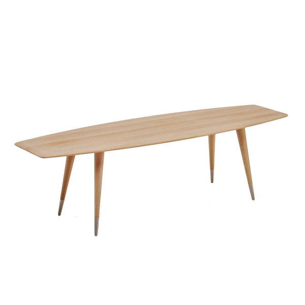 Natural wood finish with a sleek, elongated shape and tapered legs for a modern aesthetic.
