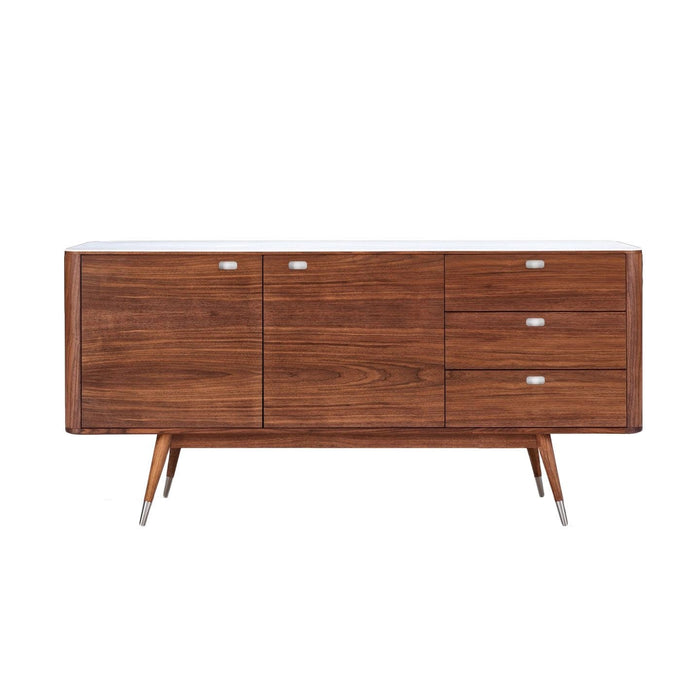 Mid-century modern wooden sideboard in rich walnut finish with sleek white drawer pulls and tapered metal legs.