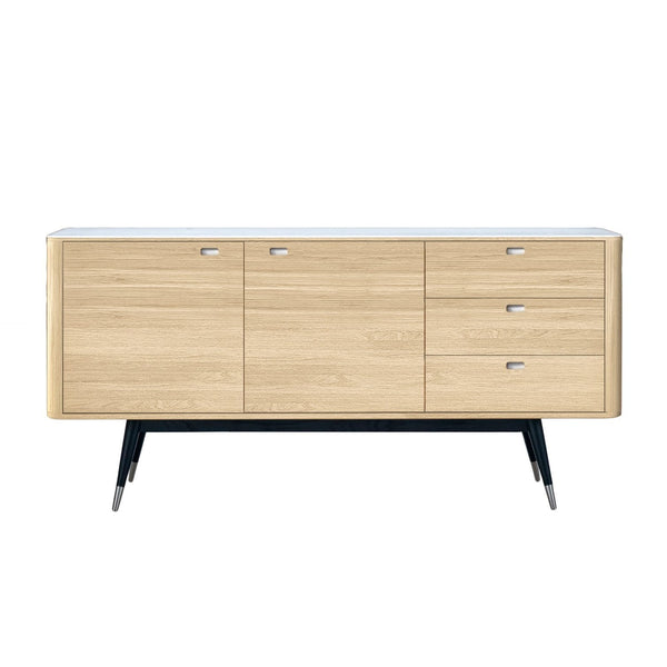 Light wood sideboard with a sleek white top and black legs, featuring smooth, minimalist design with no visible patterns.