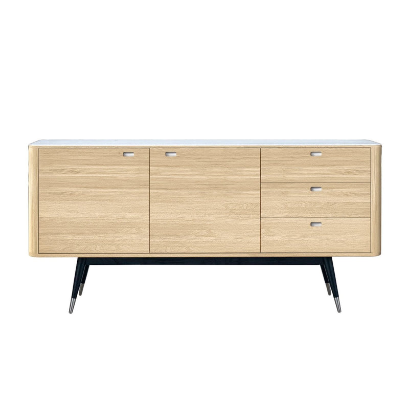 Light wood sideboard with a sleek white top and black legs, featuring smooth, minimalist design with no visible patterns.