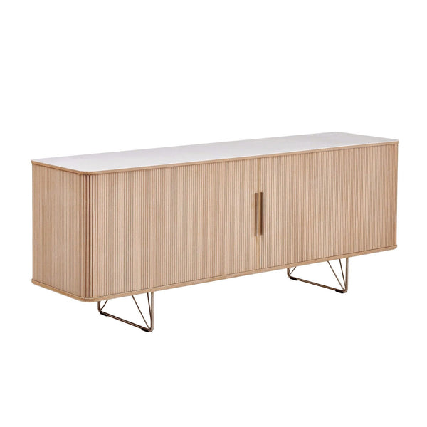 Light wood grain sideboard with a white top and sleek gold legs, featuring a minimalist design and clean lines.