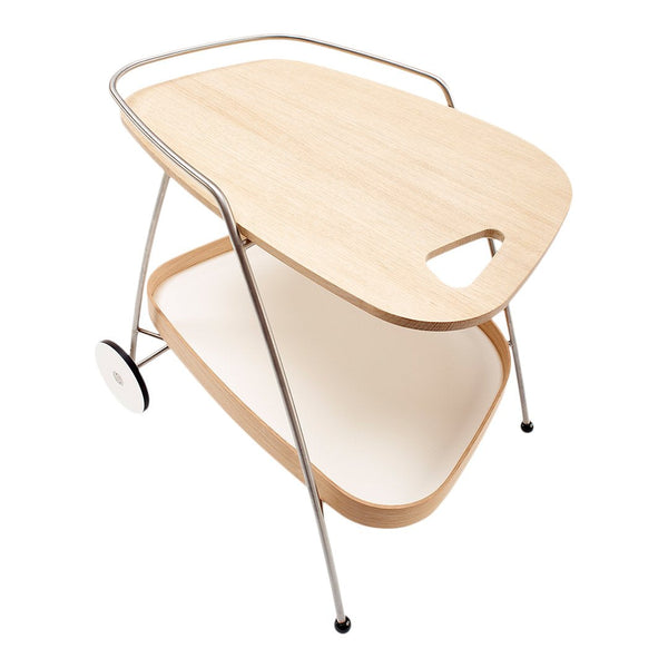Light wood finish with a sleek silver frame, featuring a minimalist design and smooth, curved edges.