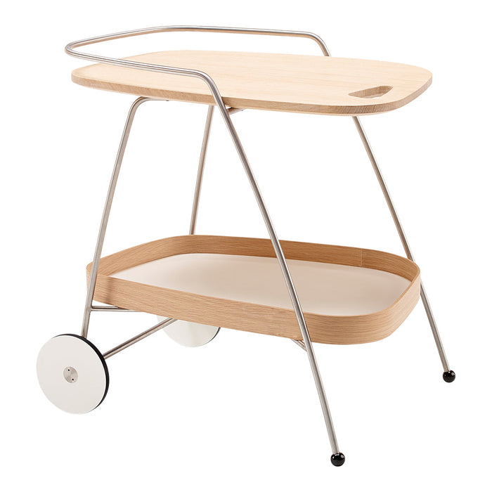 Light wood finish with white accents and sleek metallic frame; minimalist design with rounded edges and wheels.