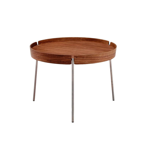 Round wooden tray table with a rich brown finish and sleek metal legs in a minimalistic design. Perfect for modern decor.