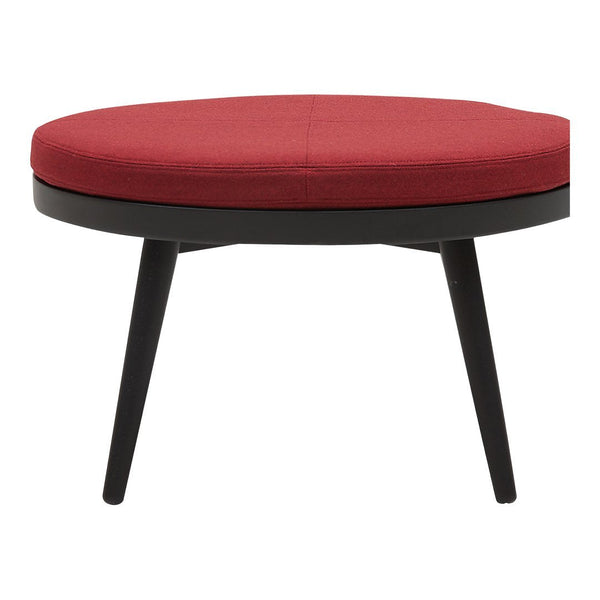 Red upholstered round ottoman with black wooden legs, featuring a smooth texture and modern design.