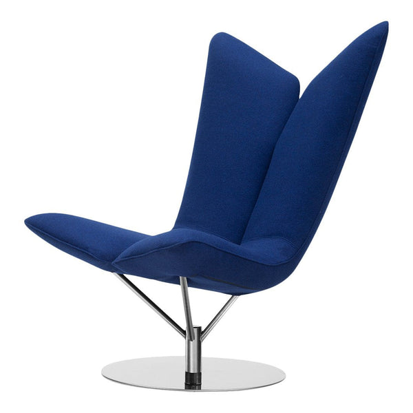 Stylish blue fabric chair with a unique wingback design, featuring a sleek chrome base. Ideal for modern decor.
