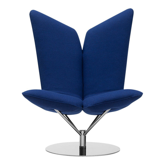 Modern blue upholstered chair with a unique butterfly shape and sleek chrome base. Perfect for contemporary decor.
