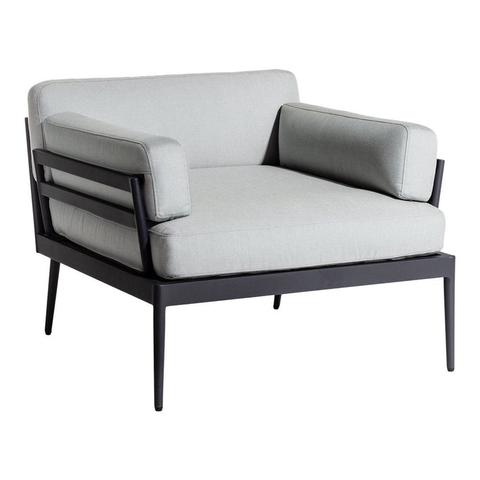 Light gray upholstered chair with black metal frame and minimalist design, featuring clean lines and geometric shapes.