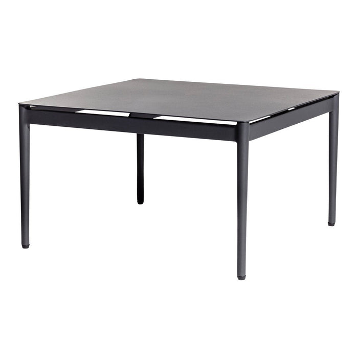 Square black metal table with a sleek, minimalist design and smooth surface. Perfect for modern decor.
