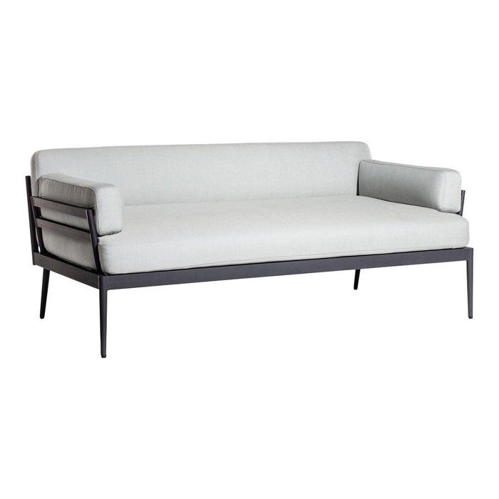 Modern white sofa with clean lines and sleek black metal frame, ideal for a minimalist decor.