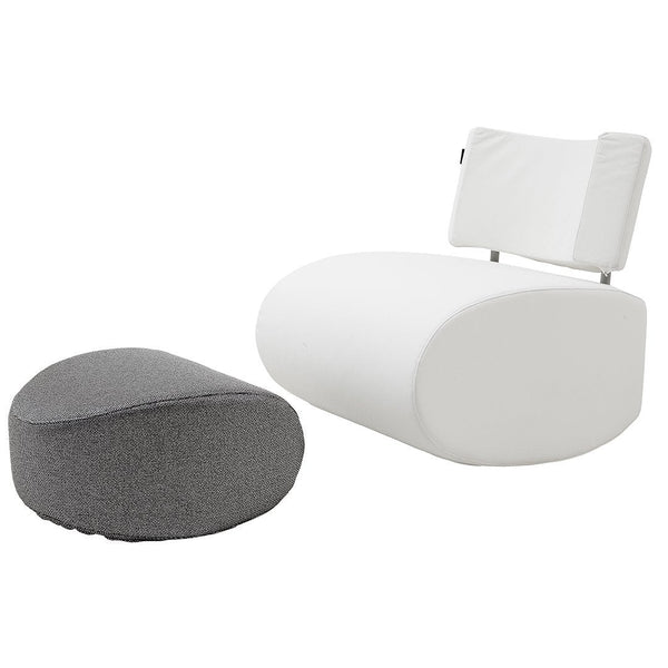 Modern white chair and gray pouf with smooth and textured fabrics, ideal for stylish living spaces.