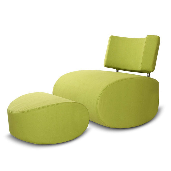 Lime green chair and ottoman set with smooth, rounded shapes and minimalistic design. Perfect for modern decor.